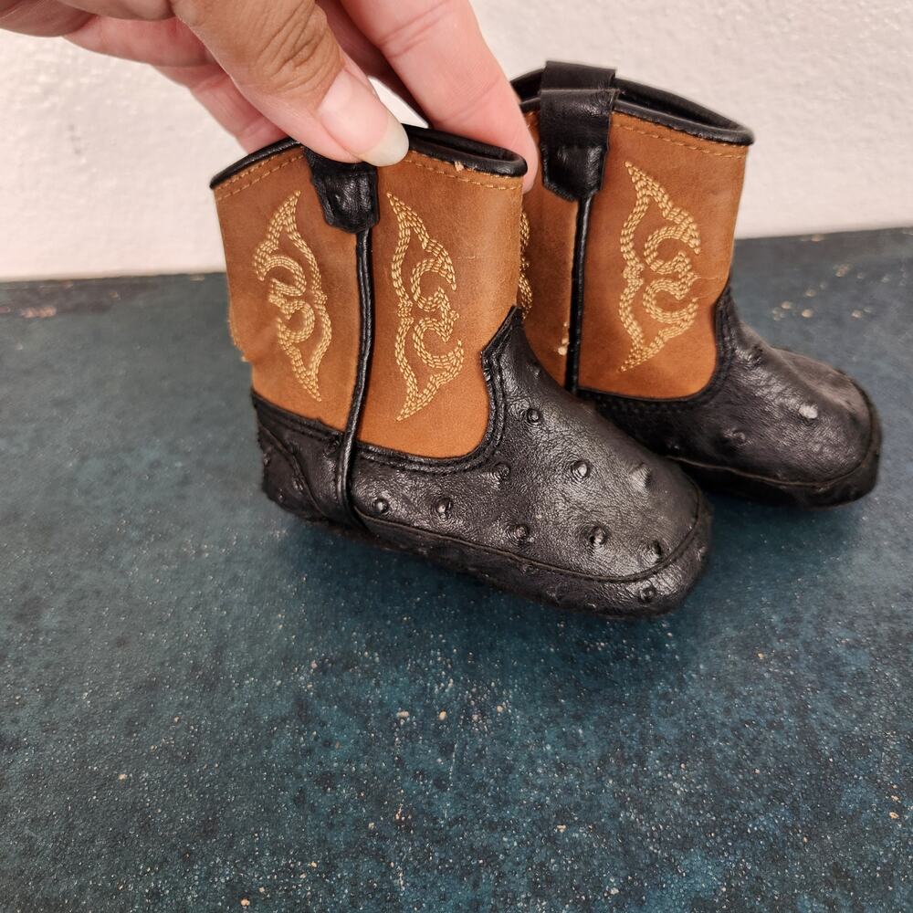 DBL Barrel Faux Ostrich Black Western Infant Boots Hook & Loop Closure